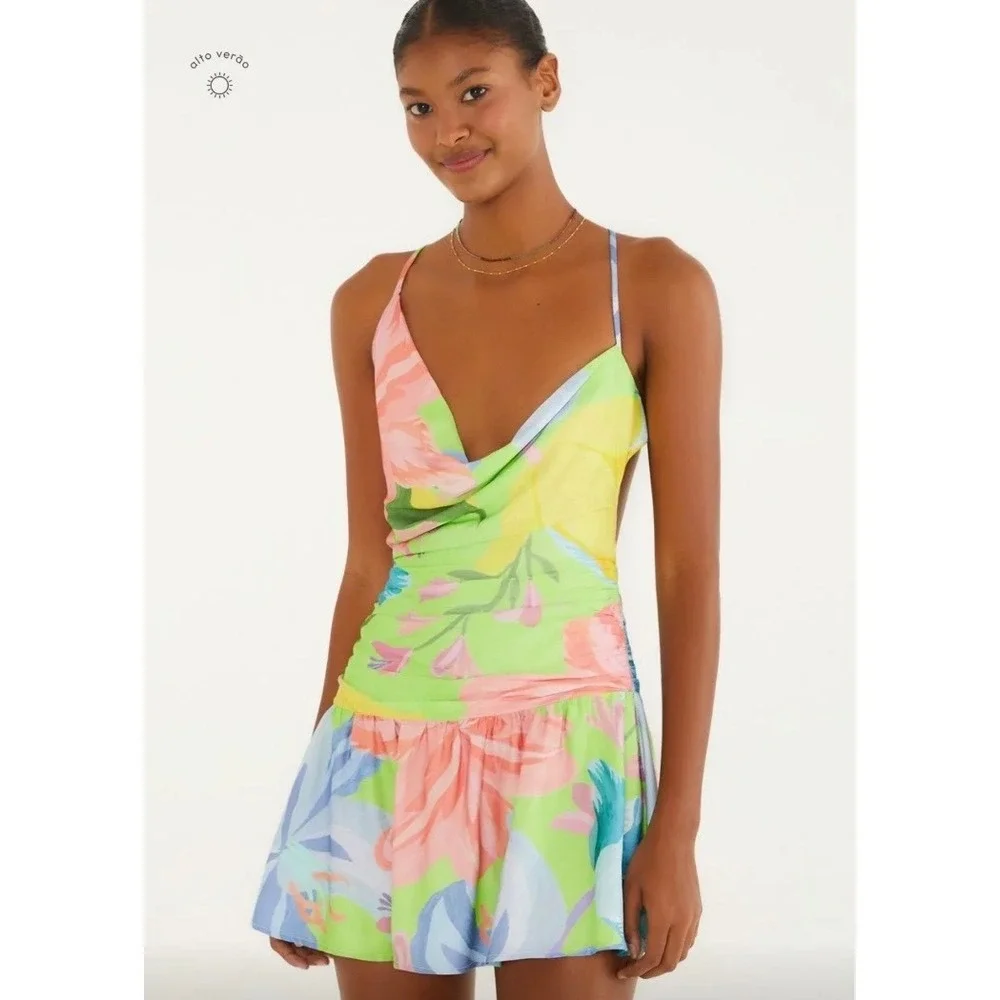 Farm Rio Love of Flower Short Dress Neon Floral Draped Cowl Neck Open Back Sz S - Picture 6 of 16